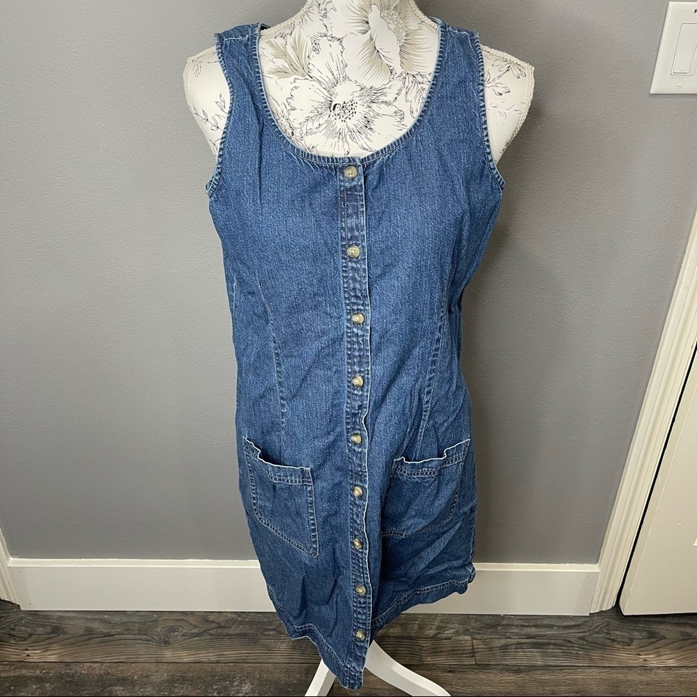 Vintage Eddie Bauer Dress Button Up Denim Dress Petite Medium PM MIDI